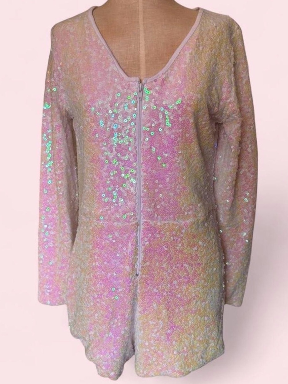 Iridescent Sequin Zip-Front Tunic - Pastel Pink & Yellow
